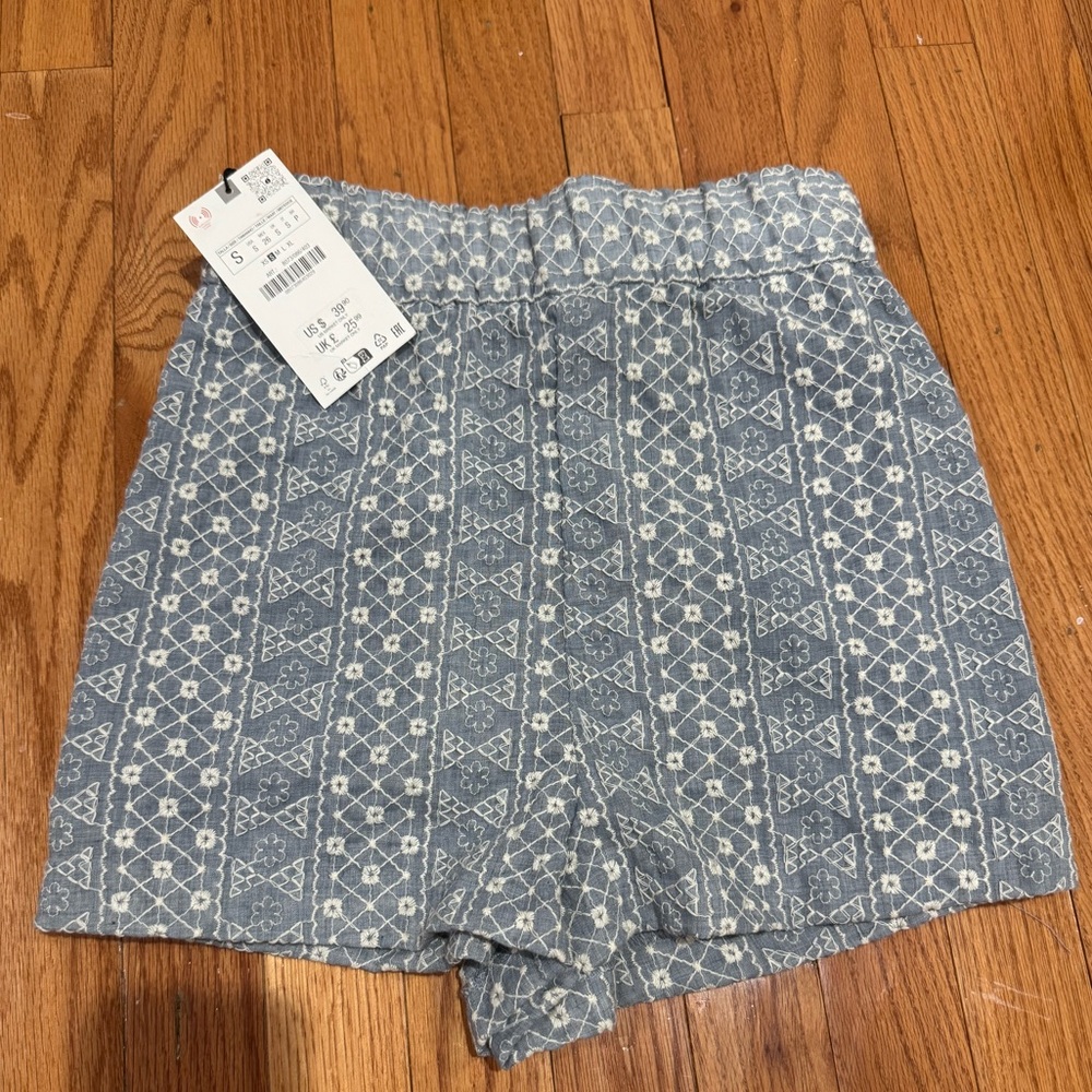 Zara High Waist Sky Blue Embroidered Eyelet Shorts